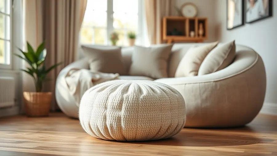 Pouf Boule Bubble tissu bouclette ivoire salon lumineux